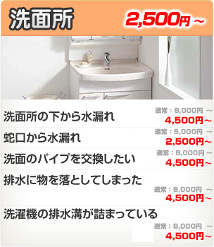 洗面所の水漏れ・つまり修理・洗面台の下/床から水漏れ・物を落としてしまった・洗濯蛇口から水漏れ・洗濯排水の詰まり